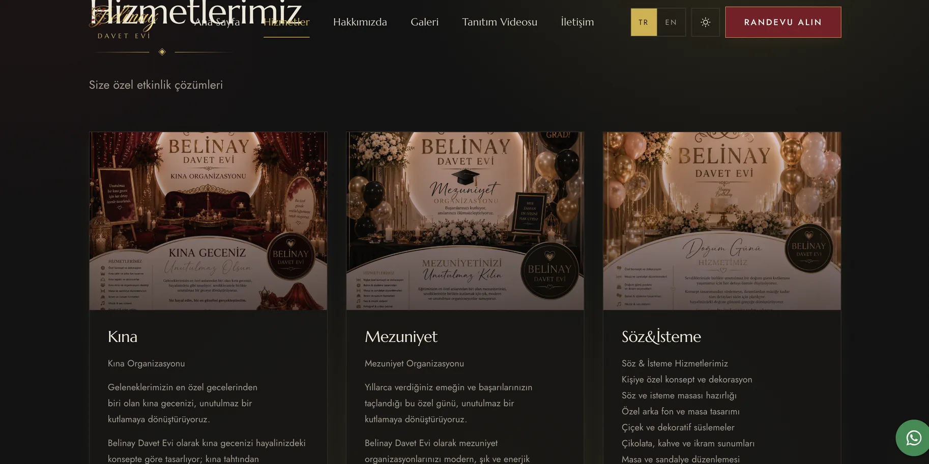 The services page: three kinds of evening, each one a card with its own poster
