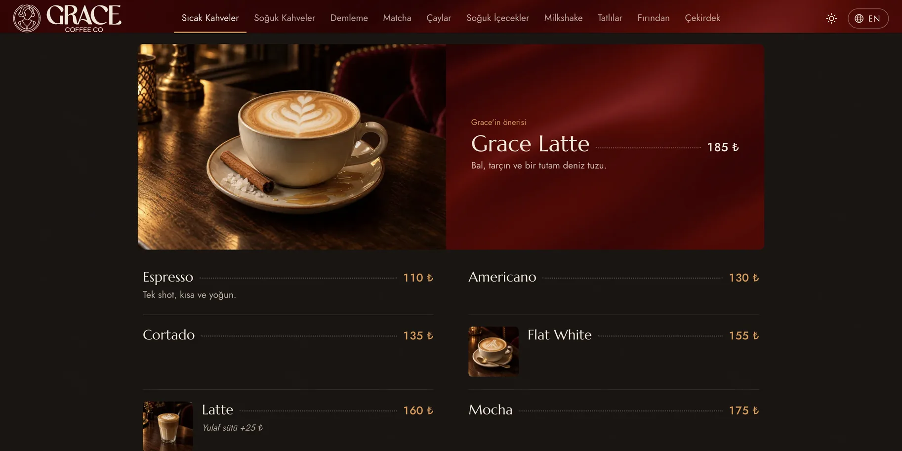 Sıcak kahveler sayfası: Grace'in kendi önerisi Grace Latte, espresso içeceklerinin ve fiyatlarının üstünde