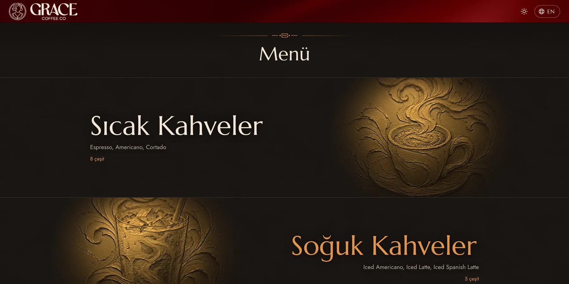 Menü dizini: her kategori kendi kabartmasının yanında, sıcak kahveler için oyulmuş bir fincan, soğuklar için bir bardak