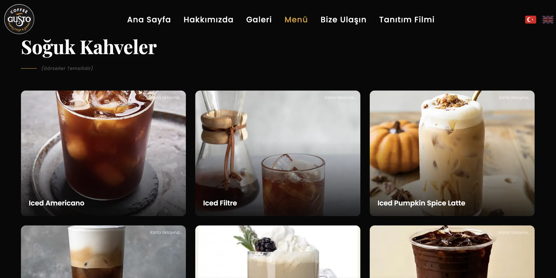 The cold coffee category: a grid of drinks, each photographed and named