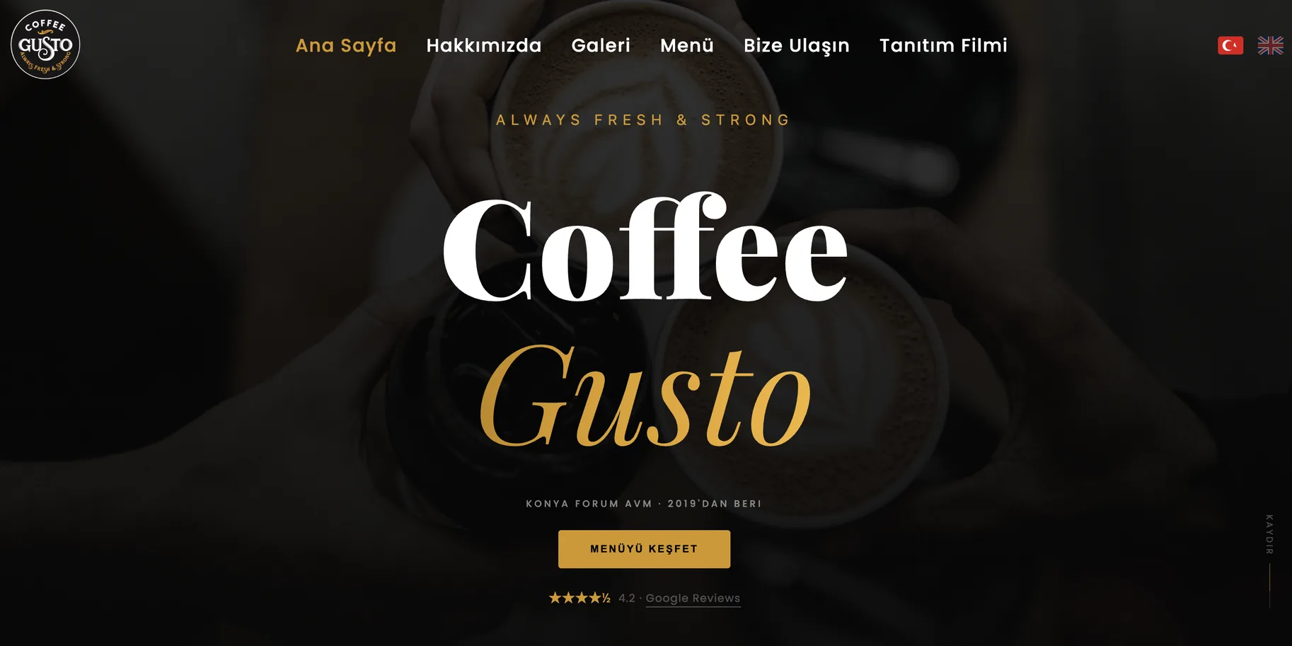 The home page: the name set large over a dark photograph of coffee being poured