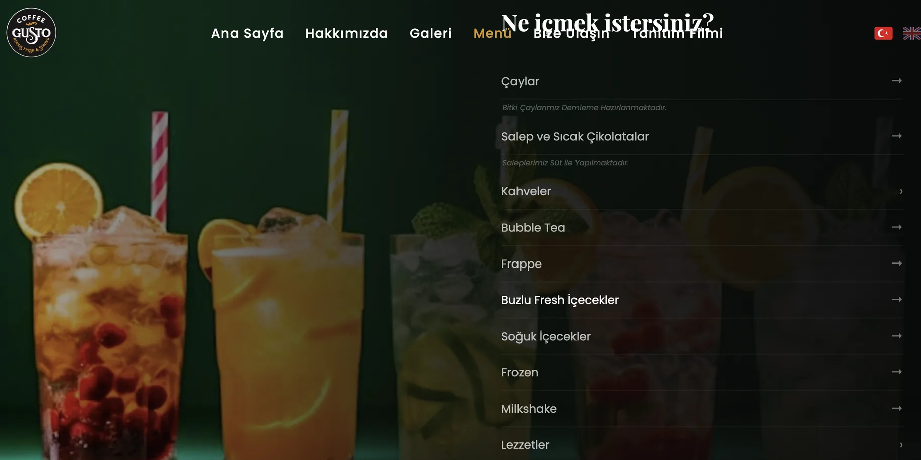 The menu: photographed drinks on the left, the category list running down the right