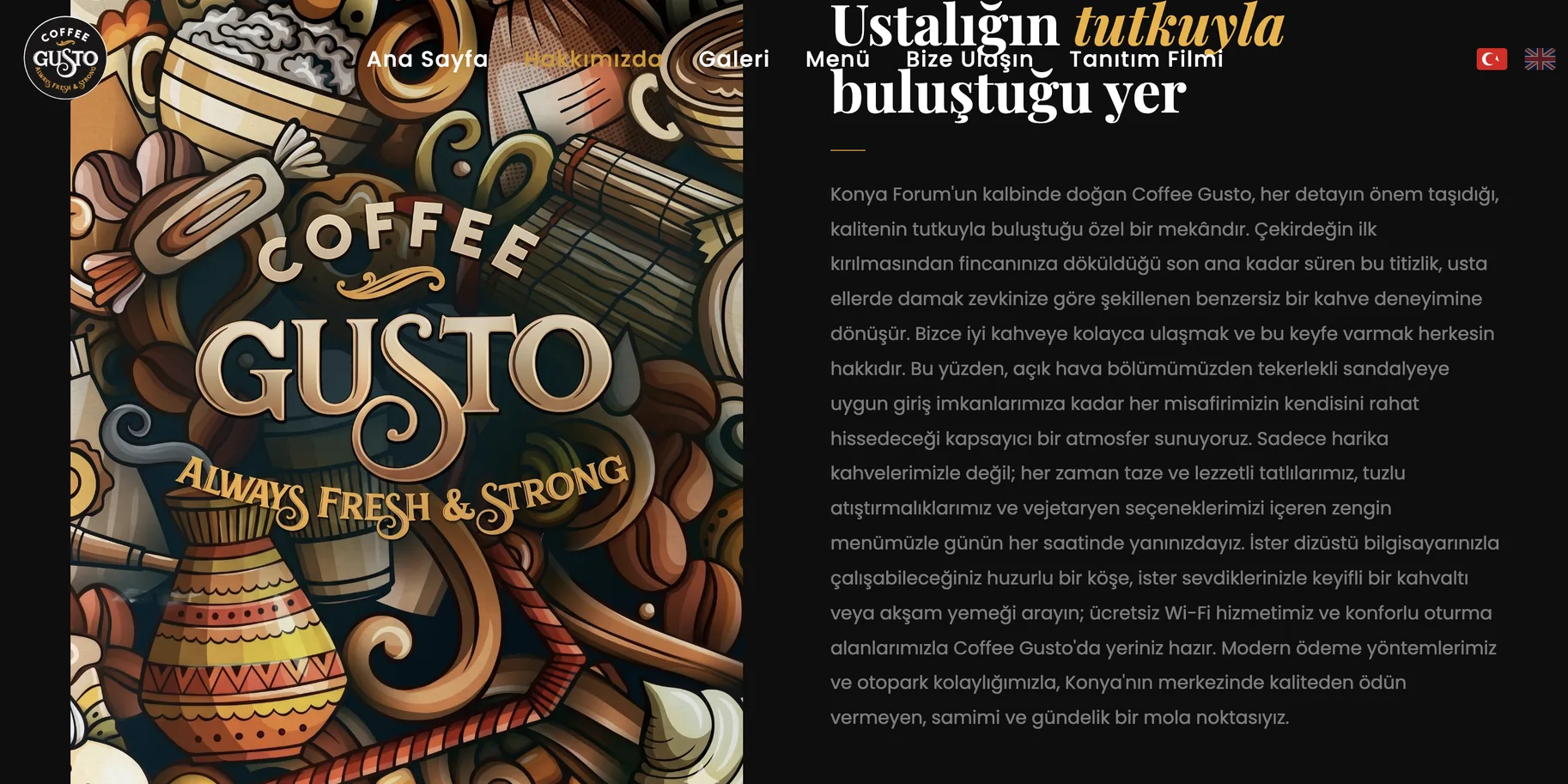 The about page: the painted shop mural beside the text that tells where the place came from