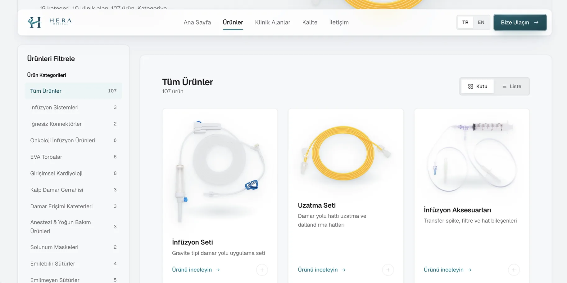 The catalogue: 107 products in a grid, beside a category filter that counts each one