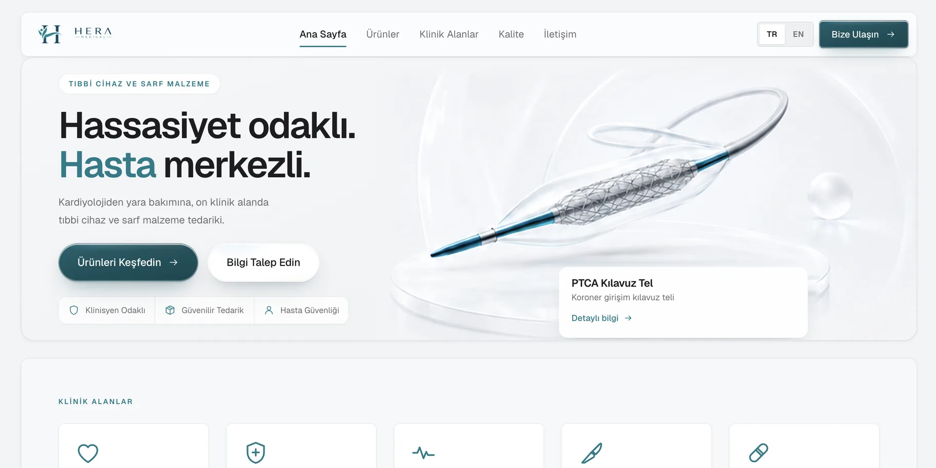 Hera Medical home page: a catheter on white, under the line "precision focused, patient centred"