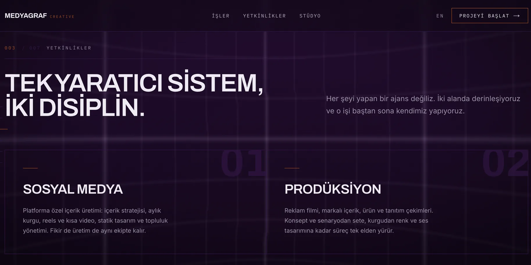 Two disciplines numbered 01 and 02, social media and production, described side by side