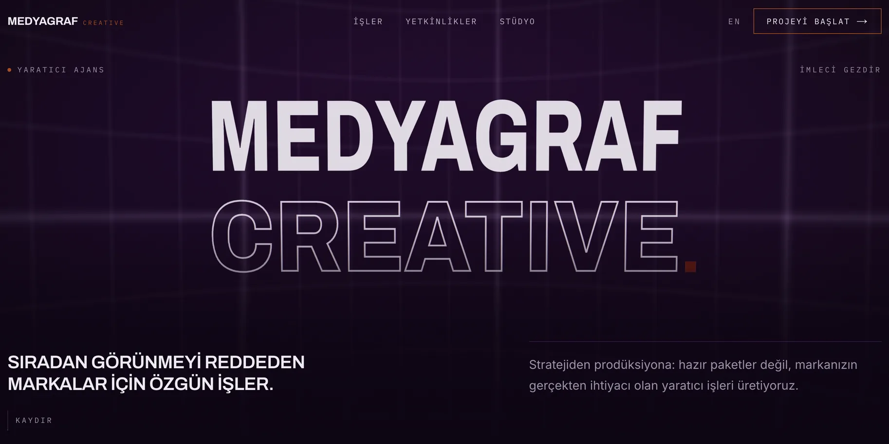 The agency name filling the frame, half solid and half outline, on a violet grid