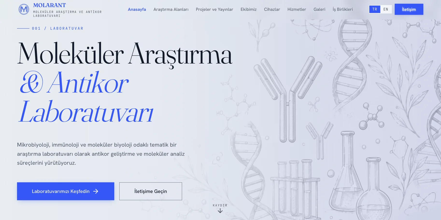 Molarant home page: the laboratory named in three lines, over a drawing of a helix and glassware