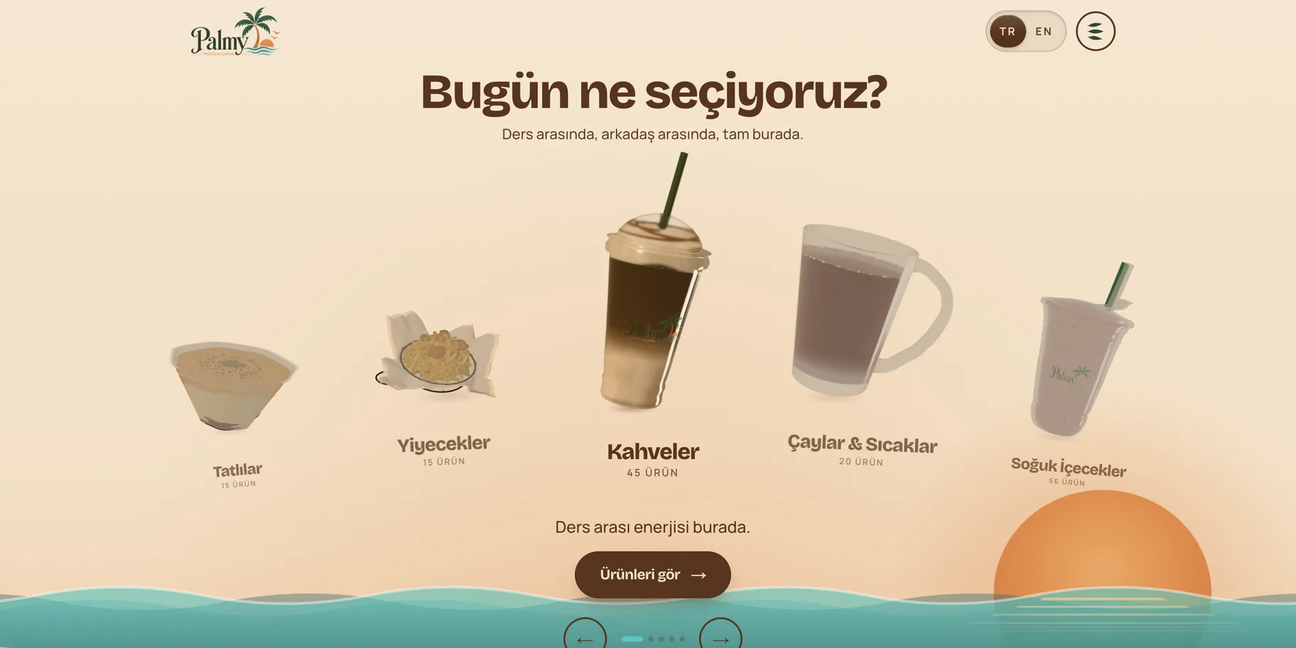 Palmy menu: five drink categories in a row under the question "what are we choosing today?"