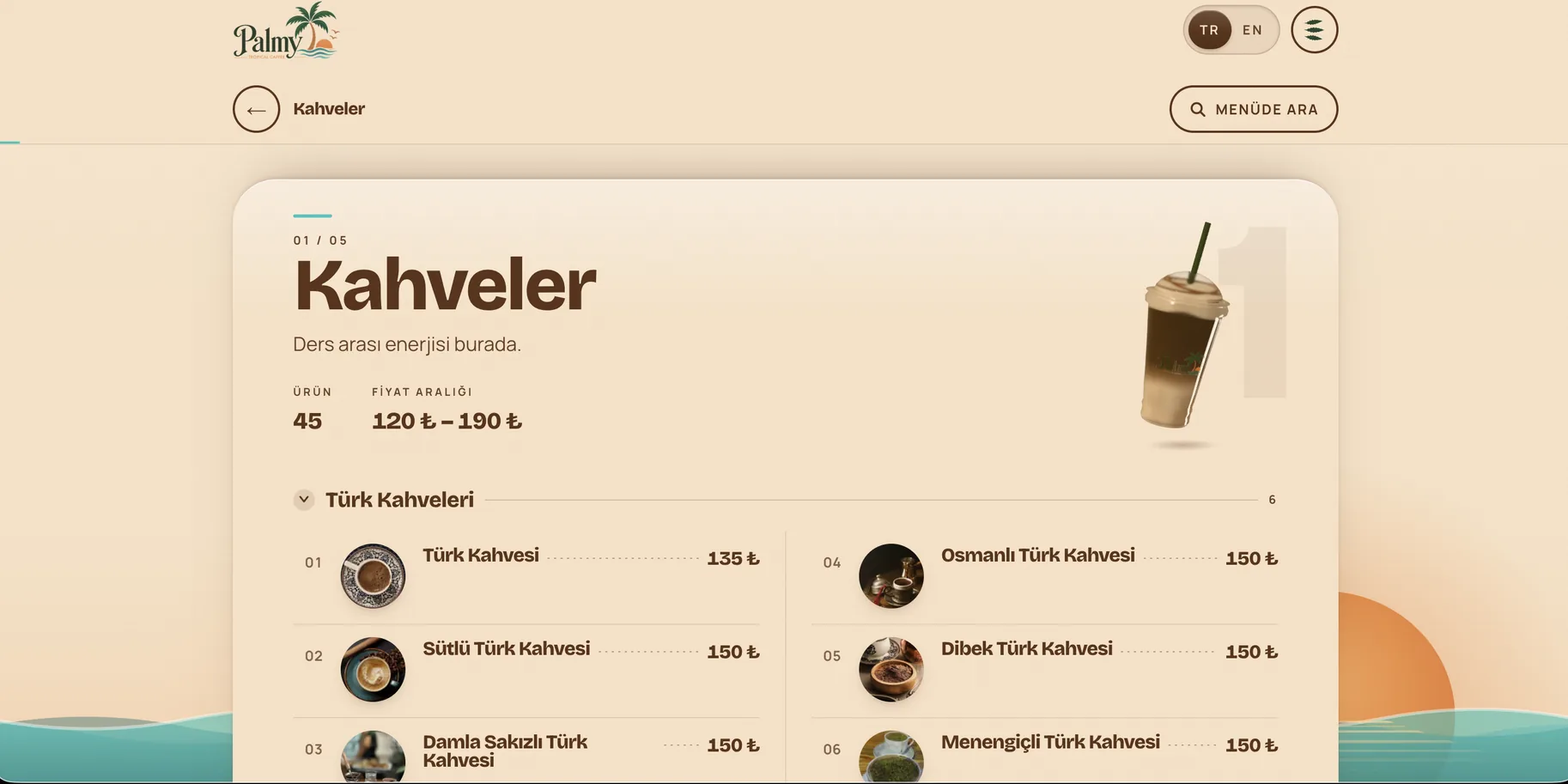 The coffee category: 45 items with their prices, numbered down two columns