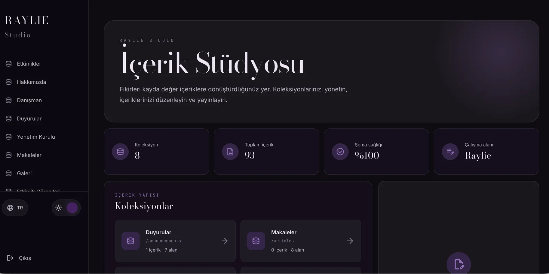 The Studio home: collections, total entries and schema health at a glance