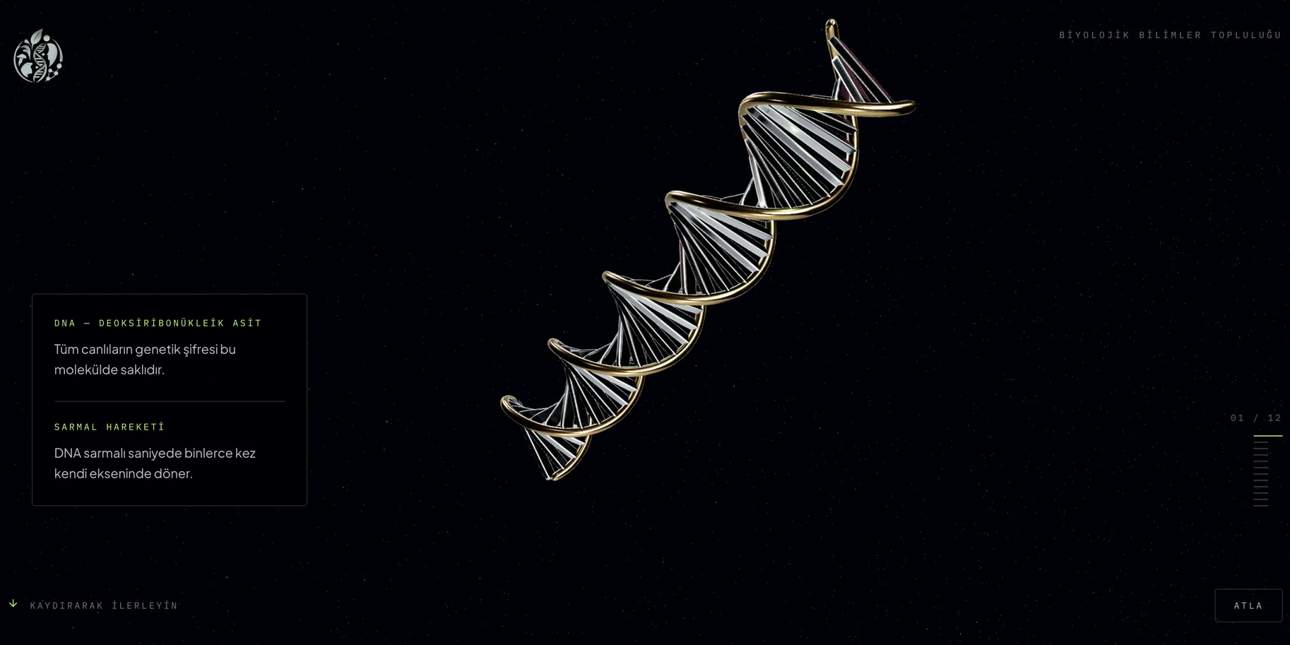 The 3D introduction: a gold and silver helix turning in the dark, annotated as it goes