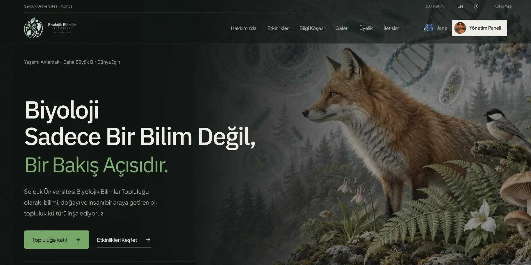 The home page: a fox in a forest beside the line "Biology is not just a science, it is a point of view"