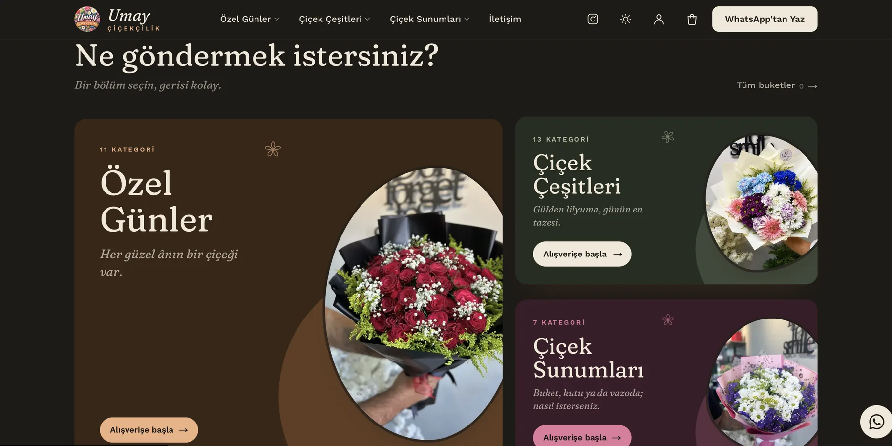 Choosing what to send: special days, flower varieties and arrangements, each in its own colour