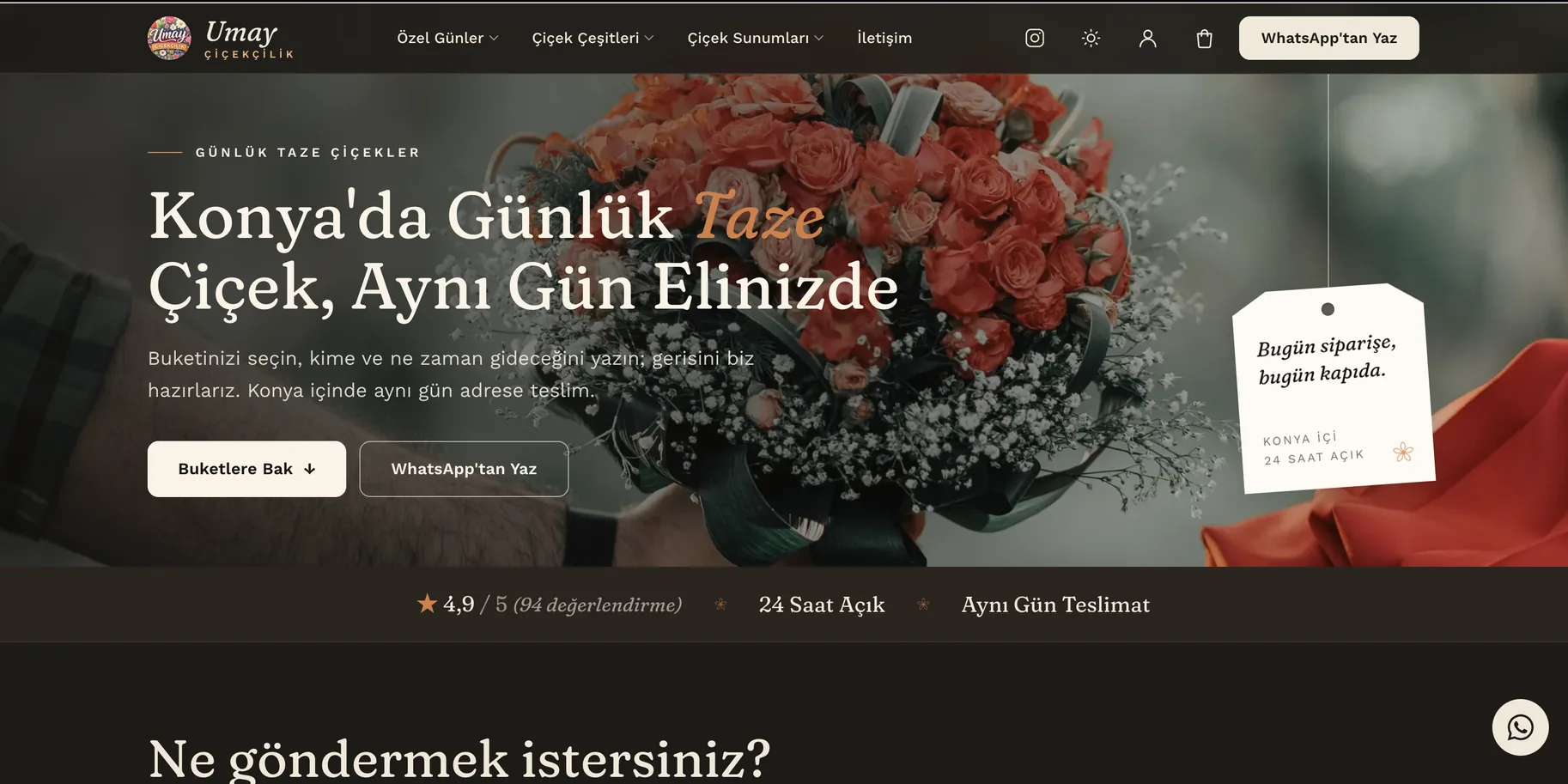 The home page: "Fresh flowers in Konya, in your hands the same day" beside a bouquet of red roses